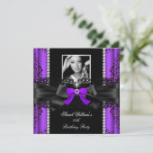 Paarse zwarte foto Birthday Party Kaart (Staand voorkant)