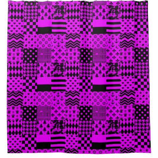 Paarse zwarte gemengde patronen Patchwork ontwerp Douchegordijn (Voorkant)