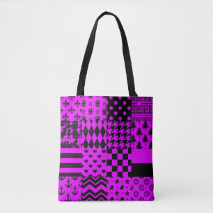 Paarse zwarte gemengde patronen Patchwork ontwerp Tote Bag