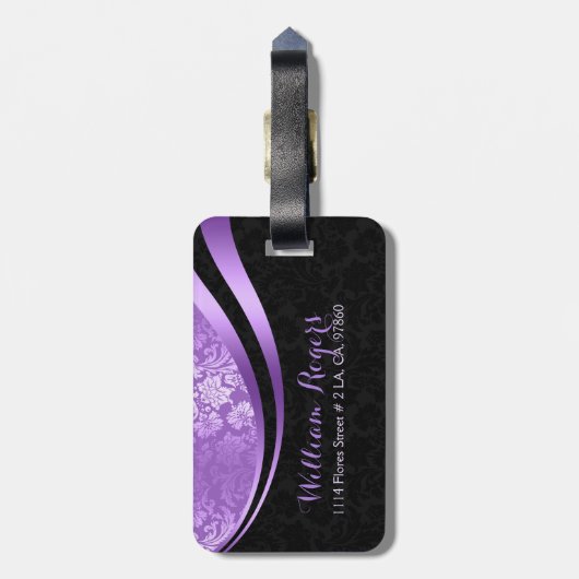 Paarse & zwarte geometrische bloemendamast bagagelabel (Achterkant verticaal)