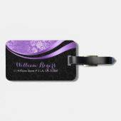Paarse & zwarte geometrische bloemendamast bagagelabel (Achterkant horizontaal)