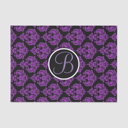 Paarse & Zwarte Glam Damask Monogram Letter Initia Tissuepapier (Voorkant)