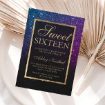 Paarse zwarte glitter goudelegant Sweet 16 Kaart<br><div class="desc">Een modern,   en elegant faux paars blauw zwart glitter douchecombre met zwarte kleurenblok Sweet 16 verjaardagsfeestuitnodiging met gouden ombre patroon. Perfect voor een prinses Sweet-zestien,  perfect voor haar,  de fashionista die van modern patroon en glam houdt</div>