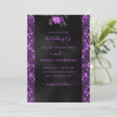 Paarse zwarte glitter Lijst bruiloft uitnodiging (Staand voorkant)