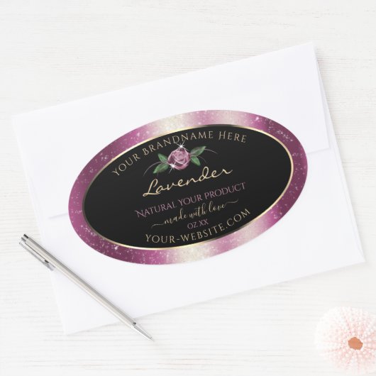 Paarse zwarte Glitter-productlabels - Roos ventila Ovale Sticker (Envelop)