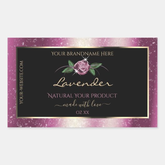 Paarse zwarte Glitter-productlabels - Roos ventila Rechthoekige Sticker (Voorkant)