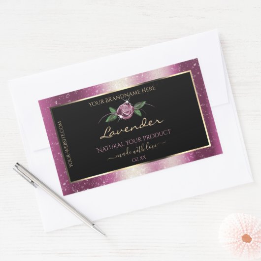 Paarse zwarte Glitter-productlabels - Roos ventila Rechthoekige Sticker (Envelop)