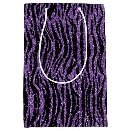 Paarse zwarte glitter zebra print medium cadeauzakje (Voorkant)
