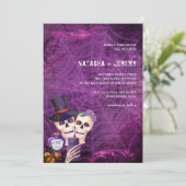 Paarse zwarte gothic Skeleton Halloween Wedding Kaart (Staand voorkant)