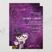 Paarse zwarte gothic Skeleton Halloween Wedding Kaart (Voorkant / Achterkant)