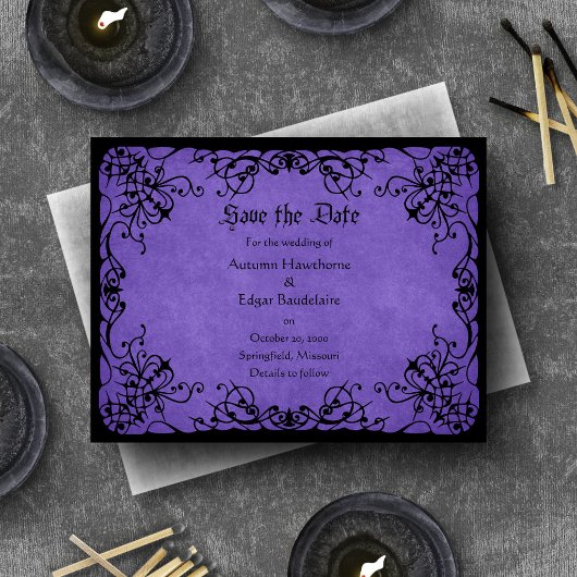Paarse Zwarte Gotische Bruiloft Save The Date