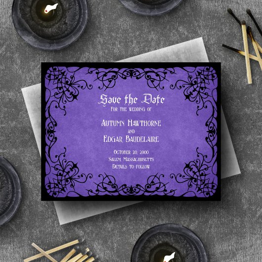 Paarse Zwarte Gotische Bruiloft Save The Date