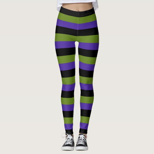 Paarse zwarte groene witchy strepen Halloween Leggings (Voorkant)
