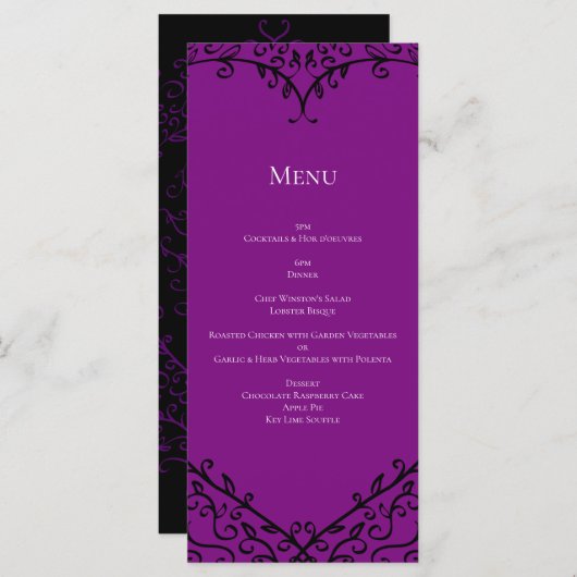 Paarse zwarte hart wervelt gotische bruiloft menu (Voorkant / Achterkant)