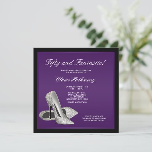 Paarse zwarte hoge hakken vrouwen 50e verjaardag kaart (Staand voorkant)