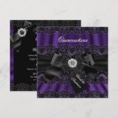Paarse zwarte kant & Bow Quinceanera Party Invite Kaart (Voorkant / Achterkant)