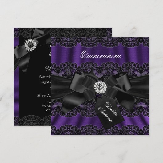 Paarse zwarte kant & Bow Quinceanera Party Invite Kaart (Voorkant / Achterkant)