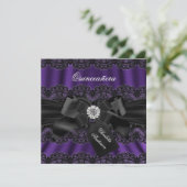 Paarse zwarte kant & Bow Quinceanera Party Invite Kaart (Staand voorkant)