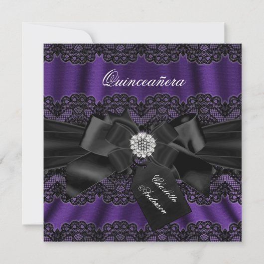 Paarse zwarte kant & Bow Quinceanera Party Invite Kaart (Voorkant)