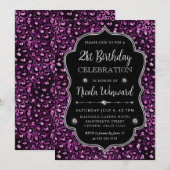 Paarse Zwarte Luipaard Spots Glitter Lijst Verjaar Kaart (Voorkant / Achterkant)