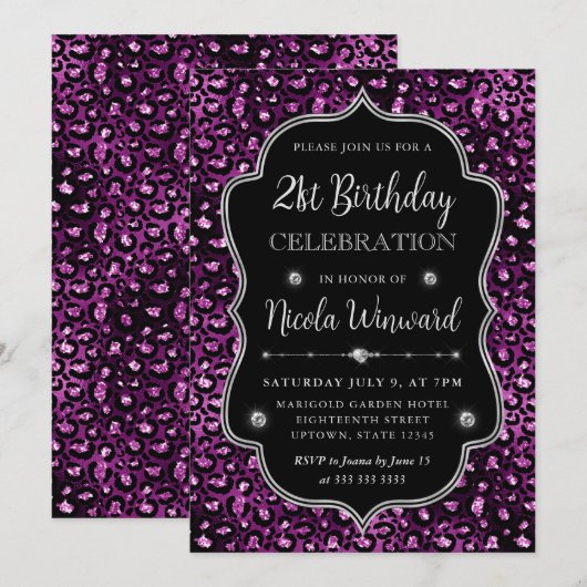 Paarse Zwarte Luipaard Spots Glitter Lijst Verjaar Kaart (Voorkant / Achterkant)