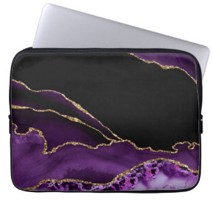 Paarse Zwarte Marmer Agate Donkere Glamour Gouden Laptop Sleeve