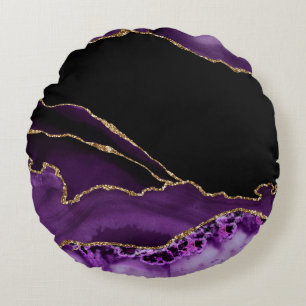 Paarse Zwarte Marmer Agate Donkere Glamour Gouden Rond Kussen