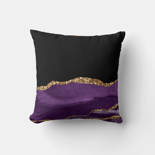 Paarse Zwarte Marmer Agate Glam Gouden Glitter Kussen (Voorkant)