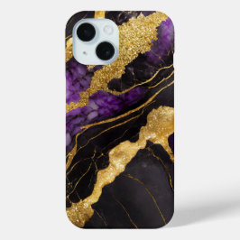 Paarse zwarte marmeren patroon met goud iPhone 15 case
