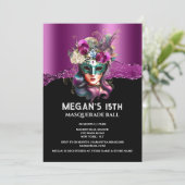 Paarse zwarte maskerade gezichtsmasker roos glam kaart (Staand voorkant)