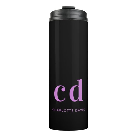 Paarse zwarte monogram moderne naam thermosbeker (Voorkant)