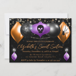 Paarse, Zwarte, Oranje Halloween-ballen Sweet 16 Kaart