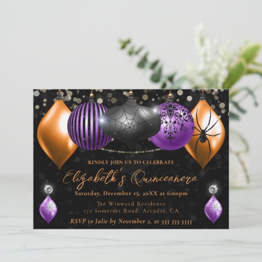 Paarse zwarte, Oranje Halloween Baubles Quinceaner Kaart (Staand voorkant)
