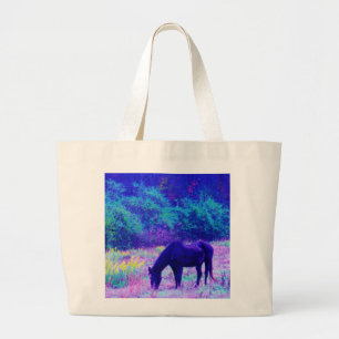 Paarse zwarte paarden in het regenboogveld grote tote bag