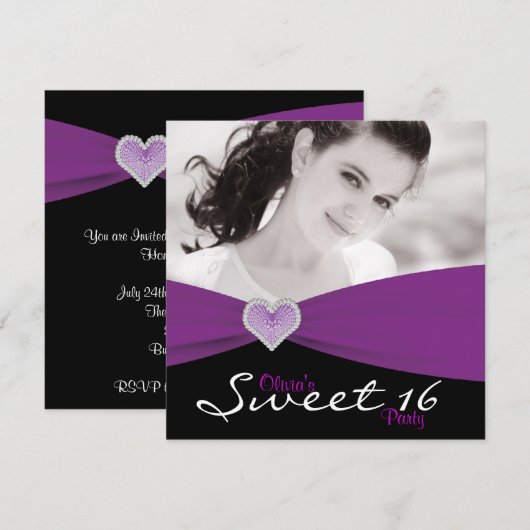 Paarse Zwarte Paarse Sweet 16 Foto Verjaardagsfees Kaart (Voorkant / Achterkant)