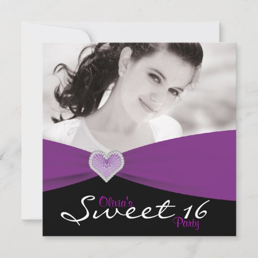 Paarse Zwarte Paarse Sweet 16 Foto Verjaardagsfees Kaart (Voorkant)