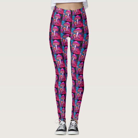 Paarse Zwarte Paddenstoelen op Aangepaste Moderne  Leggings (Voorkant)