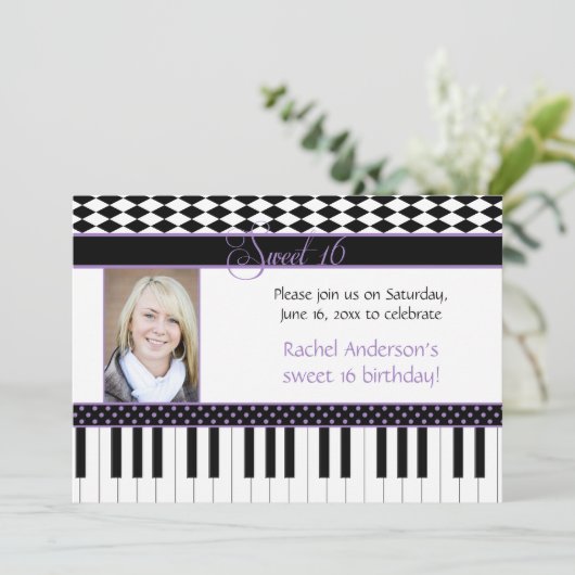 Paarse zwarte piano thema Sweet 16 Verjaardag Kaart (Staand voorkant)
