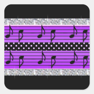 Paarse & Zwarte Polka Dot Diamonds & Muzieknoten Vierkante Sticker