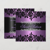 Paarse & zwarte Roos Sweet 16 Verjaardagsuitnodigi Kaart (Voorkant / Achterkant)
