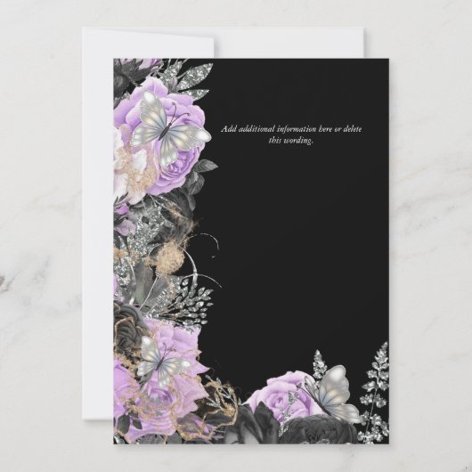 Paarse zwarte rozen vlinder chique elegante bruilo kaart (Achterkant)