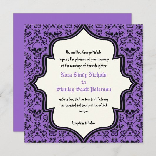 Paarse zwarte schedels damast Halloween bruiloft Kaart (Voorkant / Achterkant)