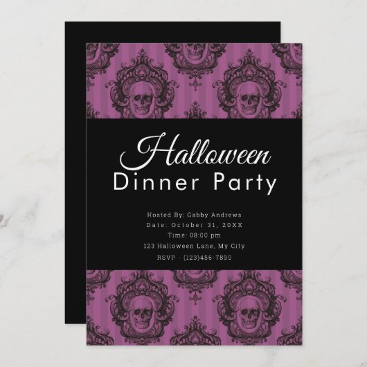 Paarse & zwarte schedels Halloween Diner Party Kaart (Voorkant / Achterkant)