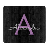 Paarse Zwarte Script Meisjesachtige Monogram Naam Snijplank (Voorkant)