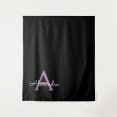 Paarse Zwarte Script Meisjesachtige Monogram Naam Wandkleed (Voorkant)