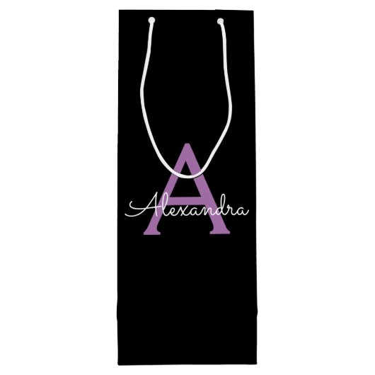 Paarse Zwarte Script Meisjesachtige Monogram Naam Wijn Cadeautas (Achterkant)