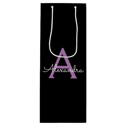 Paarse Zwarte Script Meisjesachtige Monogram Naam Wijn Cadeautas (Voorkant)