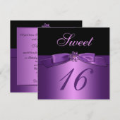 Paarse zwarte Sequin Flower Bow (PRINTED) Sweet 16 Kaart (Voorkant / Achterkant)
