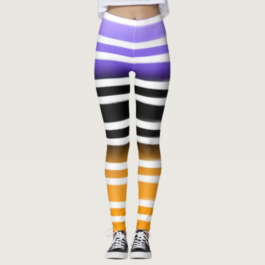 Paarse zwarte Sinaasappel verfkwast Halloween Leggings (Voorkant)