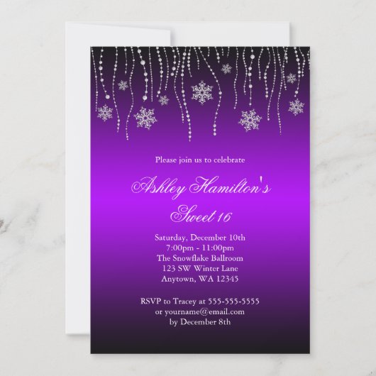 Paarse zwarte Snowflakes Sweet 16 Winter Wonderlan Kaart (Voorkant)